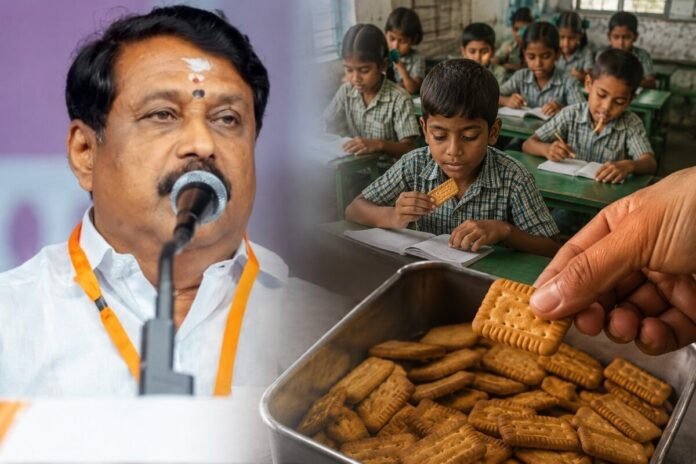 மாணவர்களுக்கு பிஸ்கட் வழங்கிய விவகாரத்தில் பாஜக தமிழக அரசுக்குக் கடும் கண்டனம்