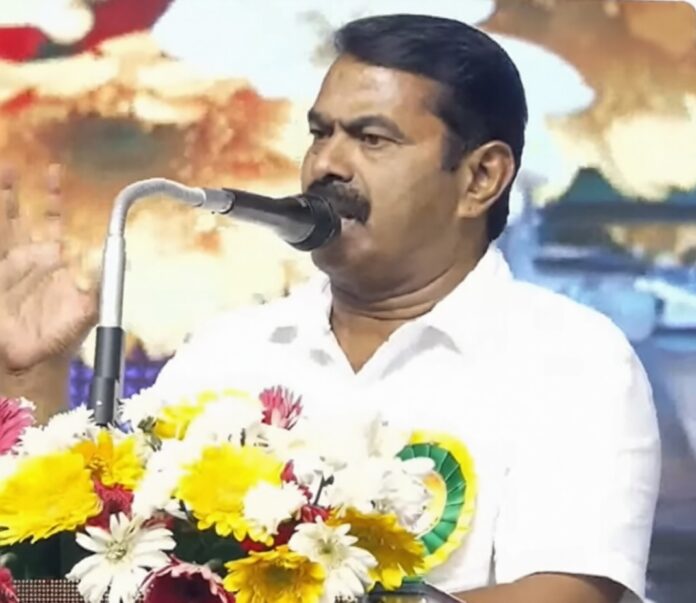 திருநெல்வேலி மேடையில் சீமான் உரையாற்றும் காட்சி.